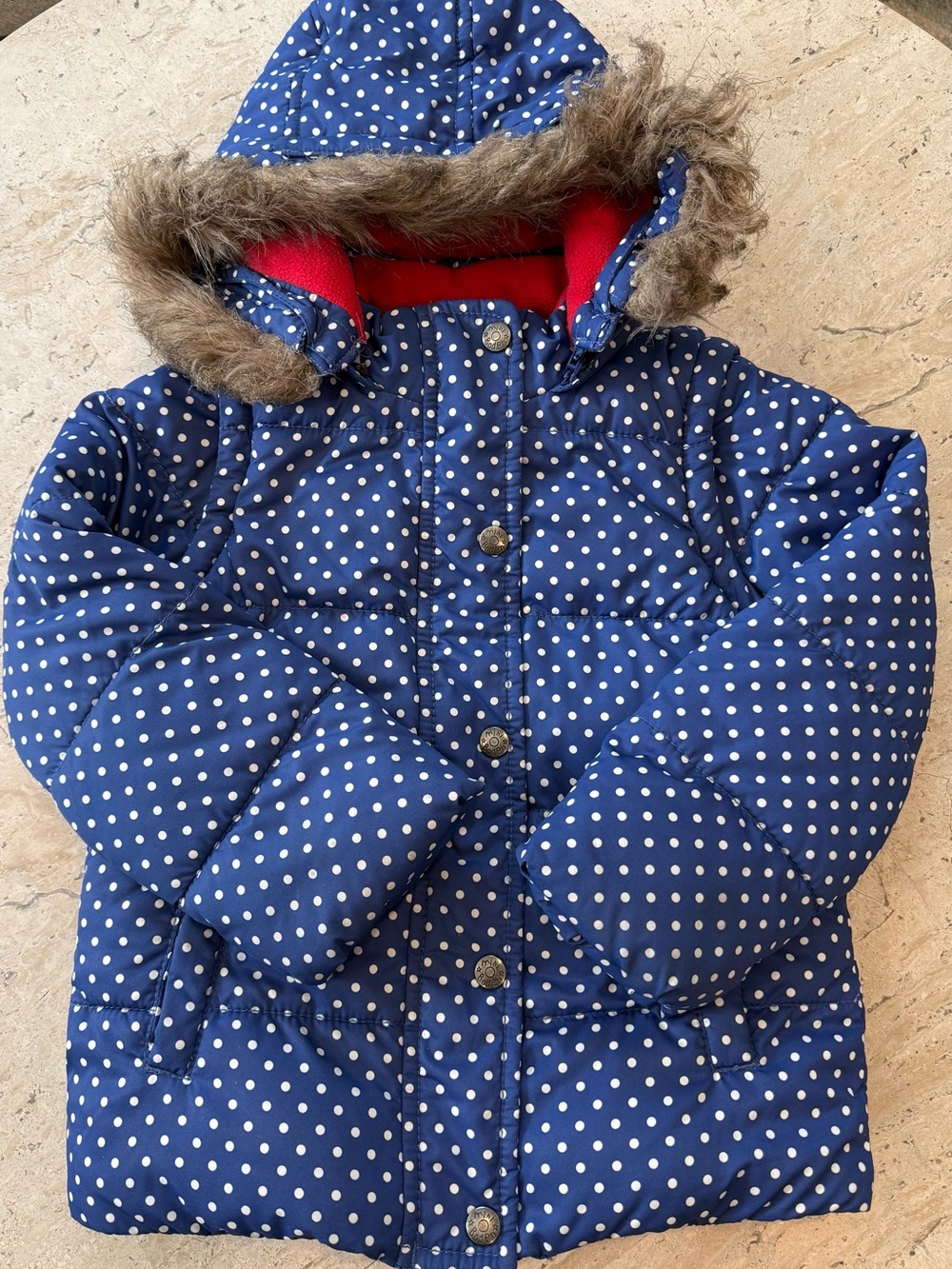 Mini Boden Girls Navy Polka Dot Puffer Winter Coat Jacket Size 4-5